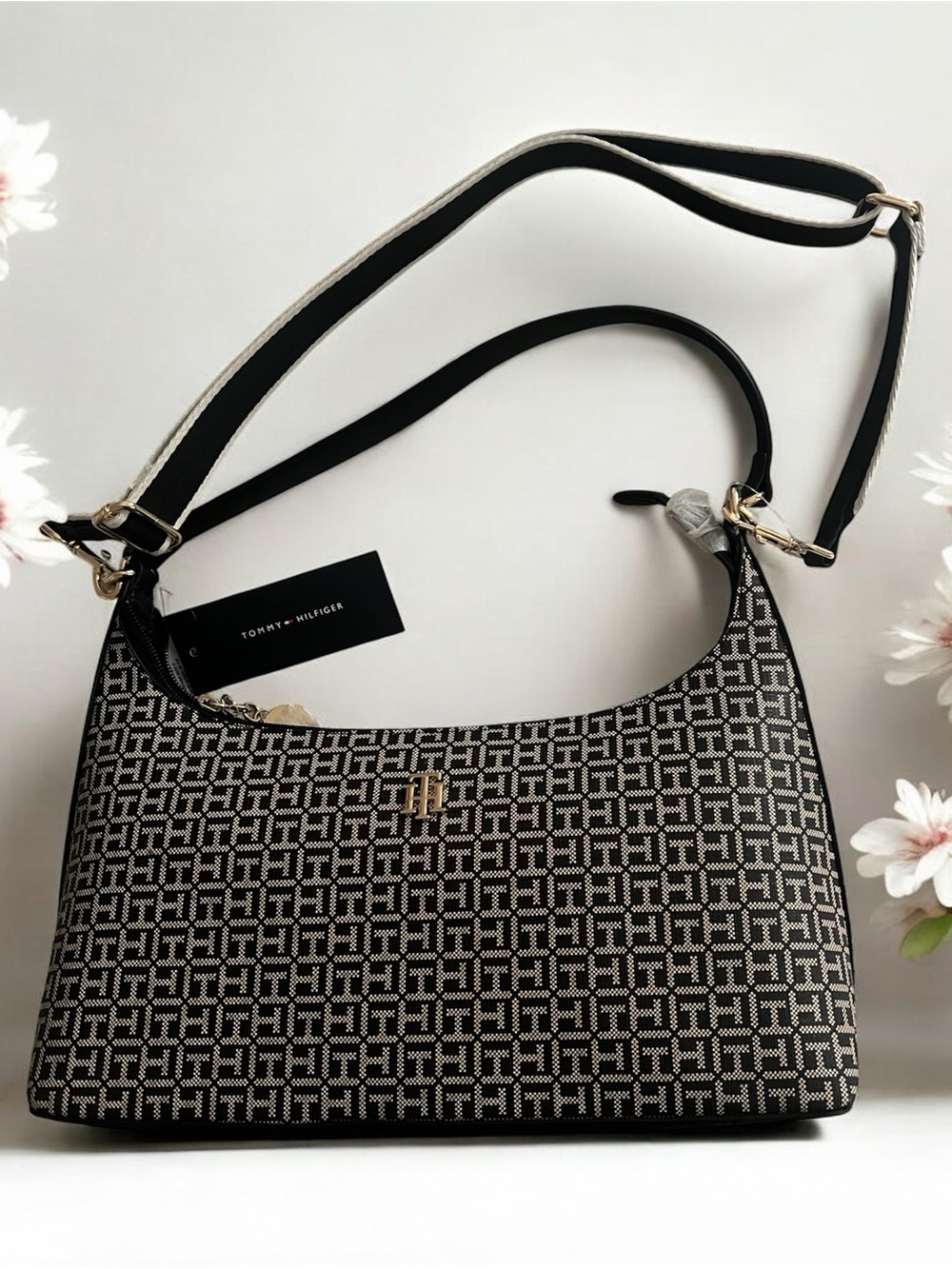 Tommy Hilfiger Black and White Jacquard Logo Shoulder Bag
